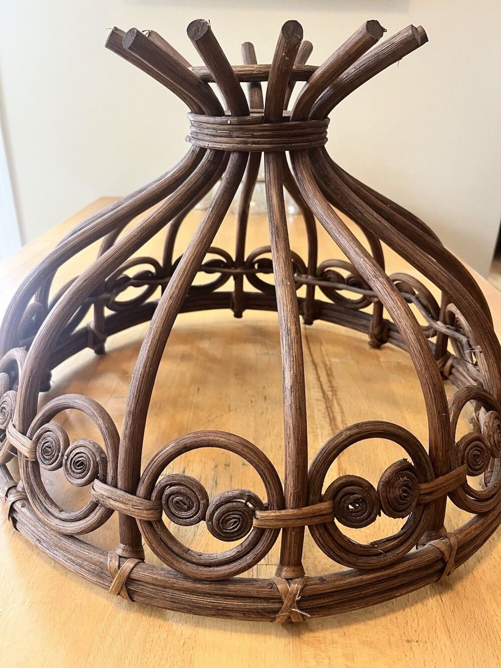 Rare Vintage MCM Bamboo Curled Wicker Pendant Lampshade 1960’s Boho Home Decor - Picture 8 of 8